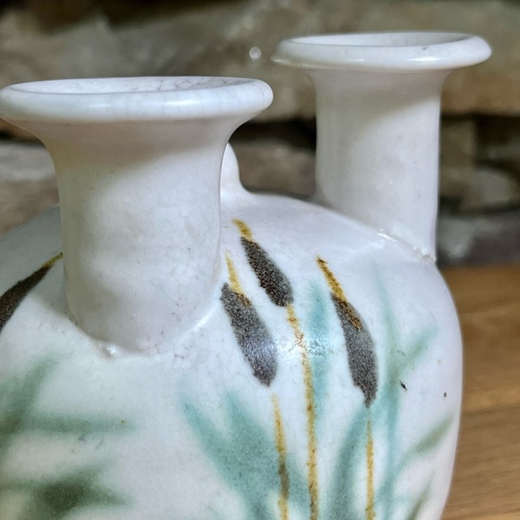 VTG Pottery Oil Lamp Clouds Folsom Handcrafted Vase Cattails Nature Hand Painted - Picture 7 of 7